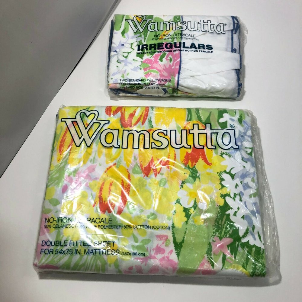 Vintage Wamsutta Double Fitted Sheet 2 Pillowcases Floral No Iron USA Made - Picture 1 of 8